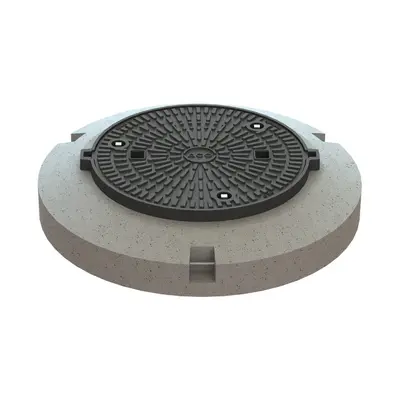 Couvercle classe D 400 en fonte, sp&eacute;ciale &eacute;tanche et retenue, DN 600, avec socle en b&eacute;ton