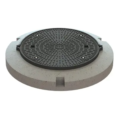 Couvercle classe D 400 en fonte, sp&eacute;ciale &eacute;tanche et retenue, DN 800, avec socle en b&eacute;ton