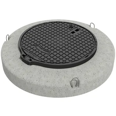 Couvercle classe D 400, NW 600, en font, avec socle en b&eacute;ton, avec charni&egrave;re