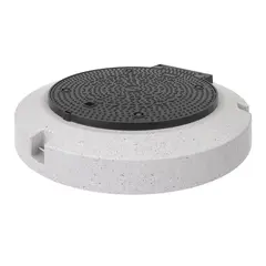 Couvercle classe D 400 en fonte avec charni&egrave;re, sp&eacute;ciale &eacute;tanche et retenue, DN 800, avec socle en b&eacute;ton